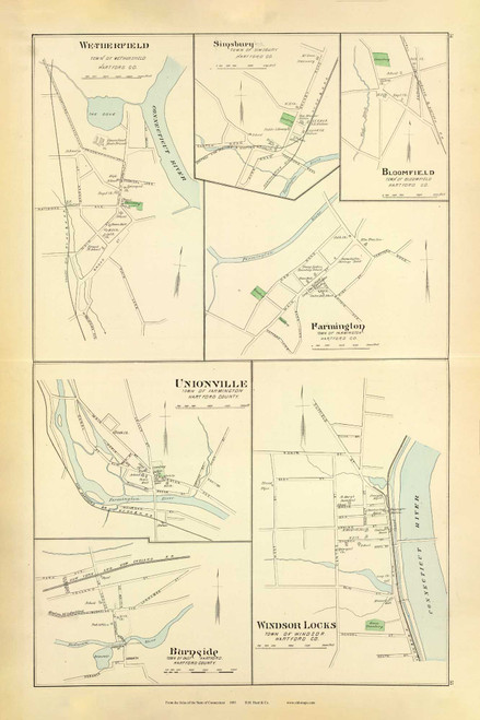 Wetherfield, Simsbury, Bloomington, Farmington, Unionville, Burnside & Windsor Locks 54-55, Connecticut 1893 Old Map Reprint - Hurd State Atlas