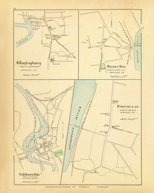 Glastonbury, Rocky Hill, Collinsville & Enfield 56, Connecticut 1893 Old Map Reprint - Hurd State Atlas