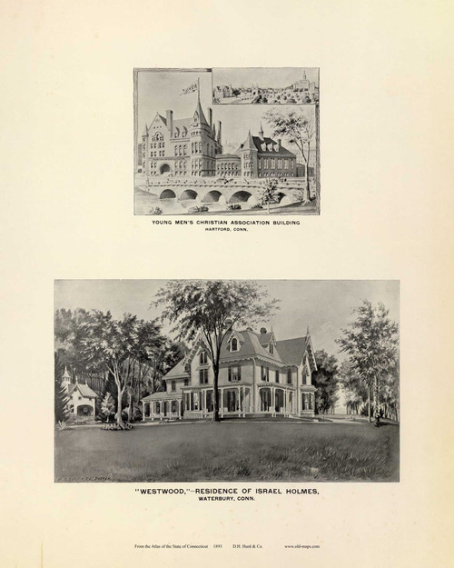 Young Men's Christian Associantion Buiding & Residence of Israel Holmes 106A, Connecticut 1893 Old Map Reprint - Hurd State Atlas