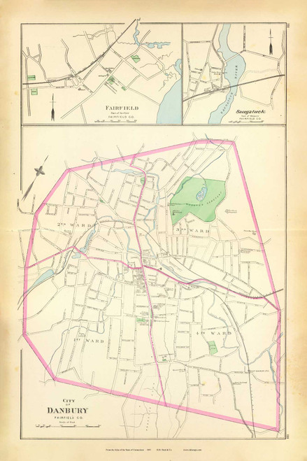Fairfield, Saugatuck & the City of Danbury 122-123, Connecticut 1893 Old Map Reprint - Hurd State Atlas