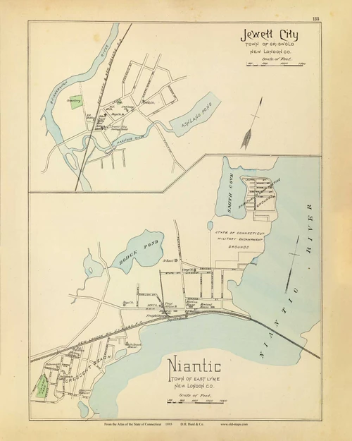Jewett City & Niantic 133, Connecticut 1893 Old Map Reprint - Hurd State Atlas