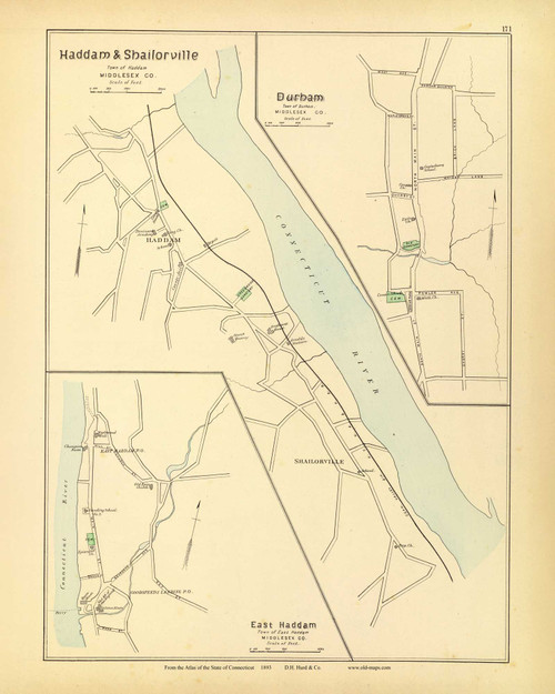 Haddam & Sailorville, Durham & East Haddam 171, Connecticut 1893 Old Map Reprint - Hurd State Atlas