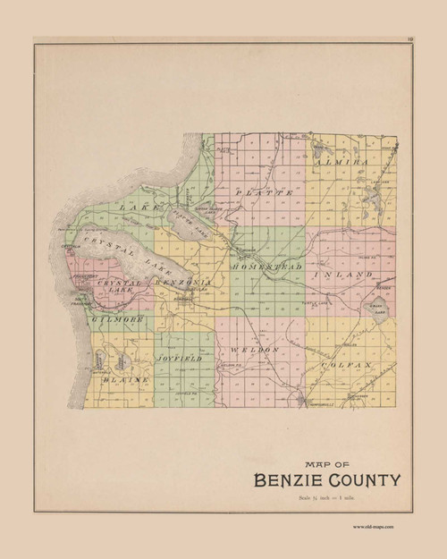 Benzie County, Michigan 1901 Old Map Print - Benzie Co. 19