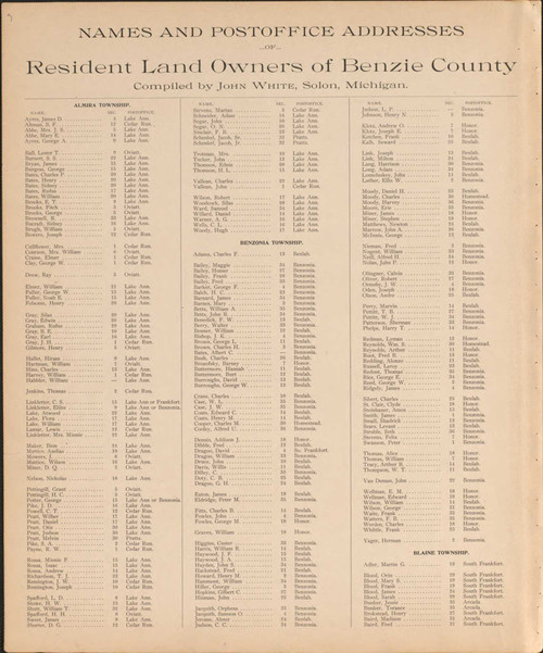 Names 1, Michigan 1901 Old Map Print - Benzie Co. 03