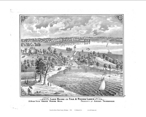 Lake House on Fisk & Reeds Lakes, Michigan 1876 Old Map Print - Kent Co. 05