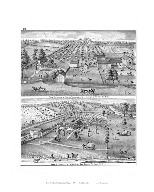Farm Residence of Hine, Etc., Michigan 1876 Old Map Print - Kent Co. 26