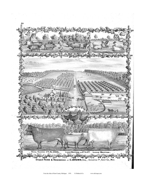 Stock Farm Brown, Michigan 1876 Old Map Print - Kent Co. 44