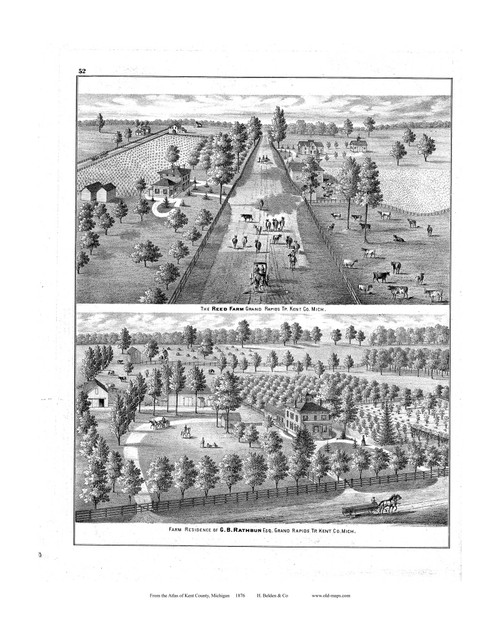 Farm Residence of Reed, Etc., Michigan 1876 Old Map Print - Kent Co. 52