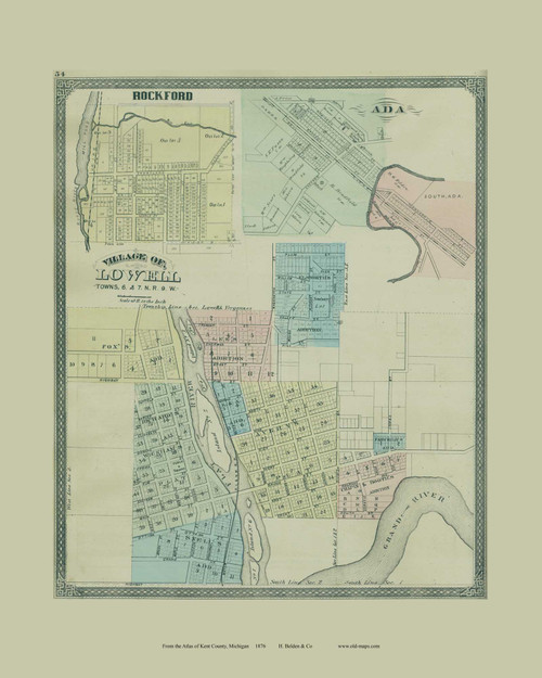 Lowell, Rockford & Ada Villages, Michigan 1876 Old Map Print - Kent Co. 54