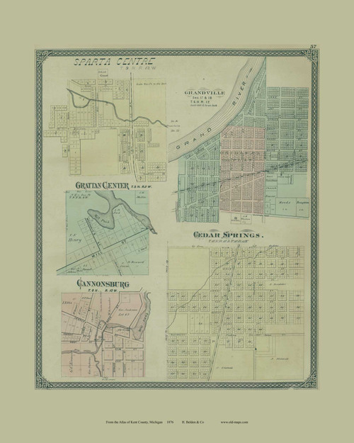 Sparta Centre, Grandville, Grattan Center, Cedar Springs & Cannonsburg Villages, Michigan 1876 Old Map Print - Kent Co. 57