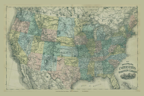 United States Railroad Map, Michigan 1876 Old Map Print - Kent Co. 64-65