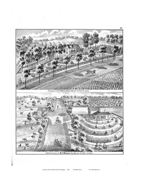 Farm Residence of Phillips, Etc., Michigan 1876 Old Map Print - Kent Co. 67