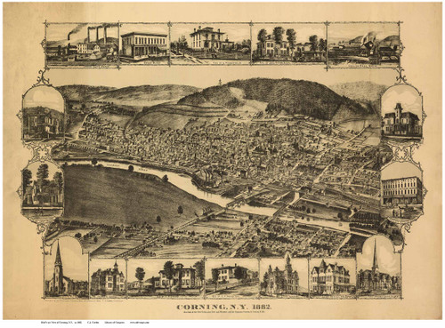 Corning, New York 1882 Bird's Eye View - Old Map Reprint