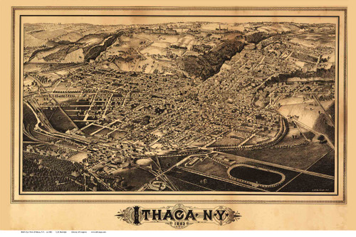 Ithaca, New York 1882 Bird's Eye View - Old Map Reprint