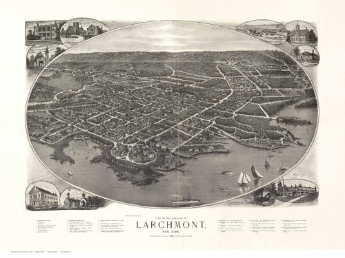 Larchmont, New York 1904 Bird's Eye View - Old Map Reprint