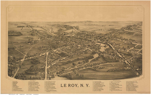 Le Roy, New York 1892 Bird's Eye View - Old Map Reprint