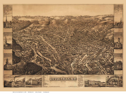 Little Falls, New York 1881 Bird's Eye View - Old Map Reprint