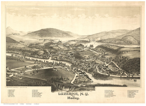 Luzerne & Hadley, New York 1888 Bird's Eye View - Old Map Reprint