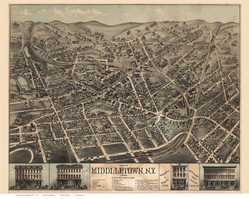 Middletown, New York 1874 Bird's Eye View - Old Map Reprint