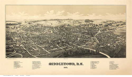 Middletown, New York 1887 Bird's Eye View - Old Map Reprint
