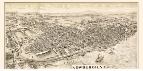 Newburgh , New York 1900 Bird's Eye View - Old Map Reprint