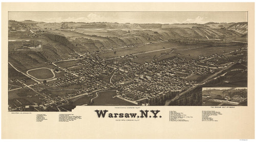 Warsaw, New York 1885 Bird's Eye View - Old Map Reprint