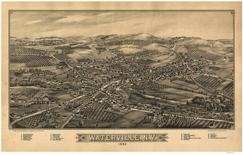 Waterville, New York 1885 Bird's Eye View - Old Map Reprint
