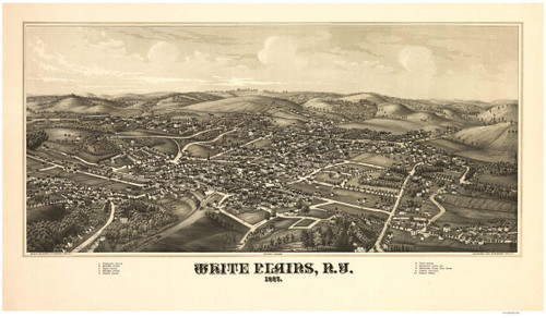 White Plains, New York 1887 Bird's Eye View - Old Map Reprint