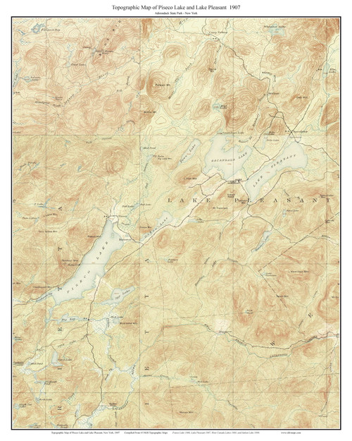 Piseco Lake and Lake Pleasant 1907 - Custom USGS Old Topo Map - New York - Adirondack Lakes