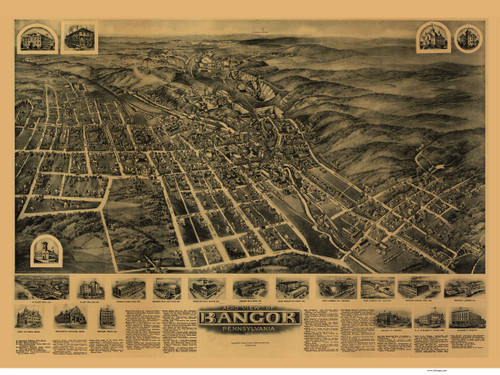 Bangor, Pennsylvania 1918 Bird's Eye View - Old Map Reprint