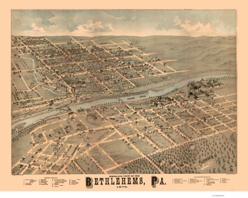 Bethlehem and South Bethlehem, Pennsylvania 1878 Bird's Eye View - Old Map Reprint