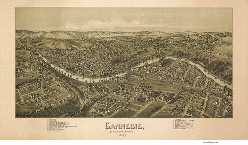 Carnegie, Pennsylvania 1897 Bird's Eye View - Old Map Reprint