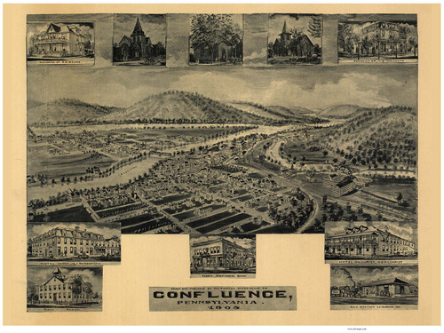 Confluence, Pennsylvania 1905 Bird's Eye View - Old Map Reprint