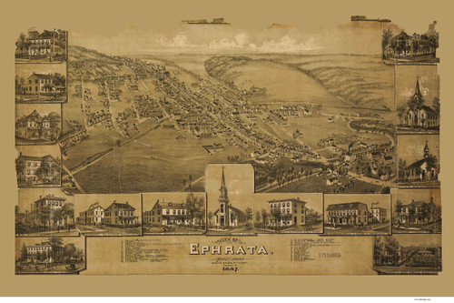 Ephrata, Pennsylvania 1887 Bird's Eye View - Old Map Reprint