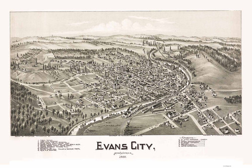 Evens City, Pennsylvania 1900 Bird's Eye View - Old Map Reprint