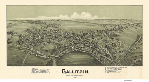 Gallitzin, Pennsylvania 1901 Bird's Eye View - Old Map Reprint