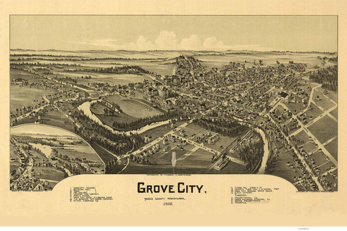 Grove City, Pennsylvania 1901 Bird's Eye View - Old Map Reprint