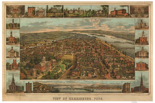 Harrisburg, Pennsylvania 1855 Bird's Eye View - Old Map Reprint