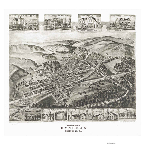 Hyndman, Pennsylvania 1906 Bird's Eye View - Old Map Reprint