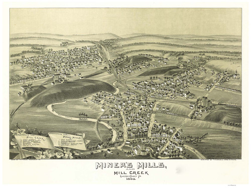 Miners Mills and Mill Creek, Pennsylvania 1892 Bird's Eye View - Old Map Reprint