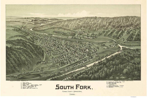 South Fork, Pennsylvania 1900 Bird's Eye View - Old Map Reprint