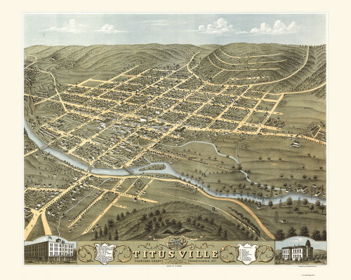 Titusville, Pennsylvania 1871 Bird's Eye View - Old Map Reprint