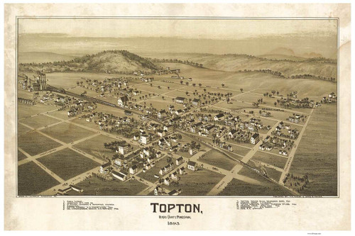 Topton, Pennsylvania 1893 Bird's Eye View - Old Map Reprint