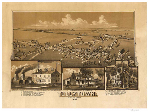 Tullytown, Pennsylvania 1887 Bird's Eye View - Old Map Reprint