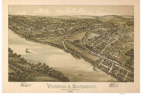 Verona and Oakmont, Pennsylvania 1896 Bird's Eye View - Old Map Reprint