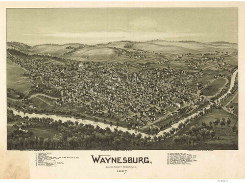 Waynesburg, Pennsylvania 1897 Bird's Eye View - Old Map Reprint