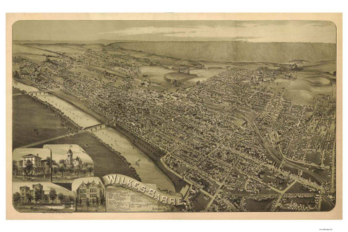 Wilkes-Barre, Pennsylvania 1889 Bird's Eye View - Old Map Reprint