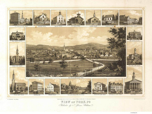 York, Pennsylvania 1852 Bird's Eye View - Old Map Reprint