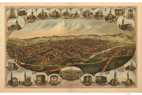 York, Pennsylvania 1879 Bird's Eye View - Old Map Reprint