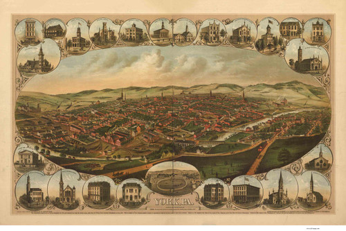York, Pennsylvania 1879 Bird's Eye View - Old Map Reprint